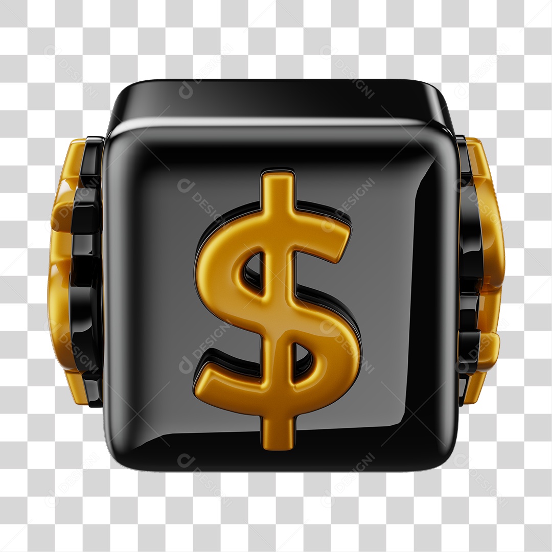 Cubo de Dólar Elemento 3D Dourado e Preto para Composição PNG Transparente