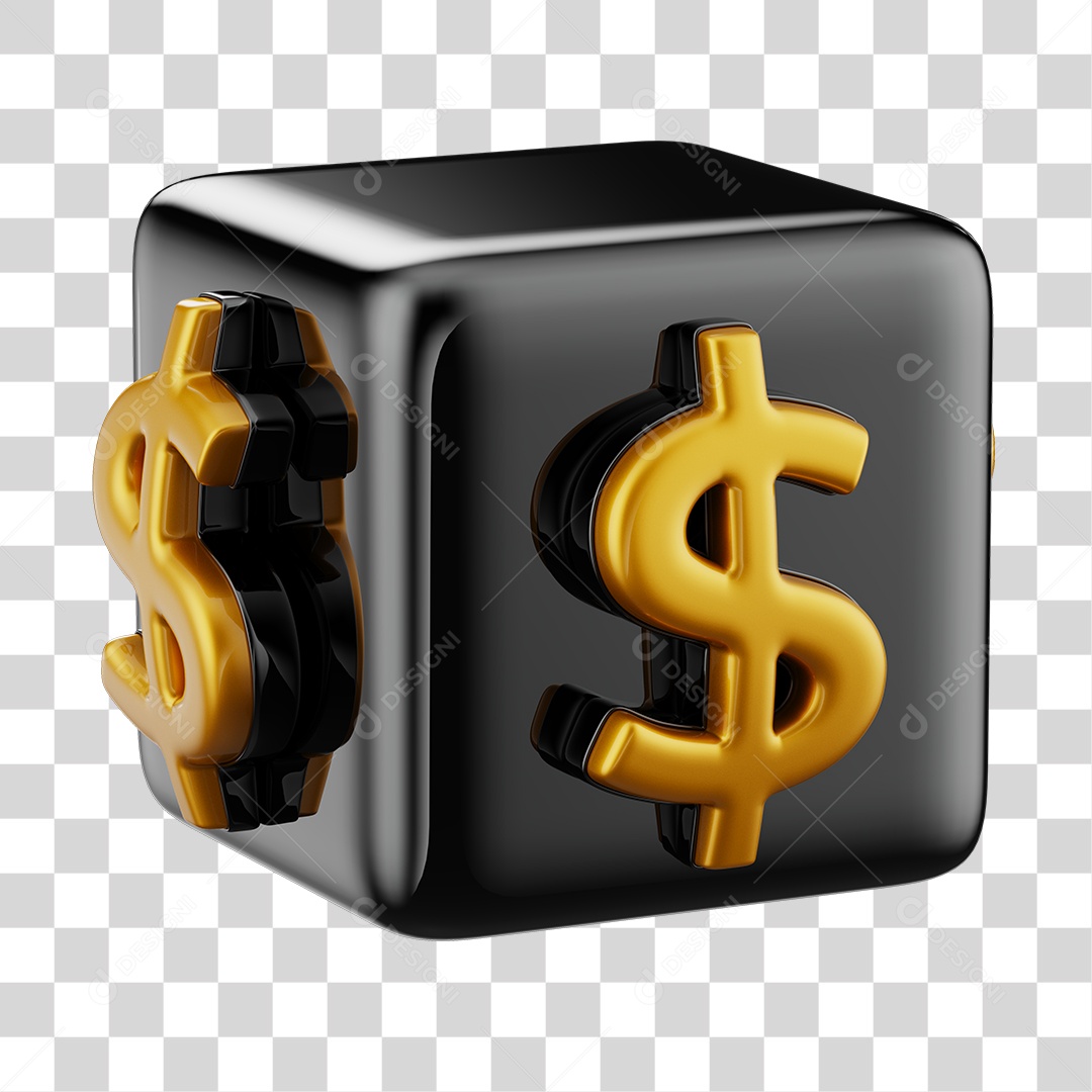 Cubo de Dólar Elemento 3D Dourado e Preto para Composição PNG Transparente