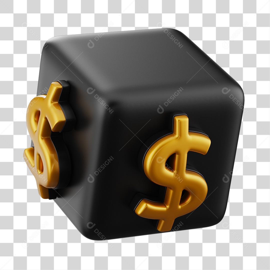 Cubo de Dólar Elemento 3D Dourado e Preto para Composição PNG Transparente