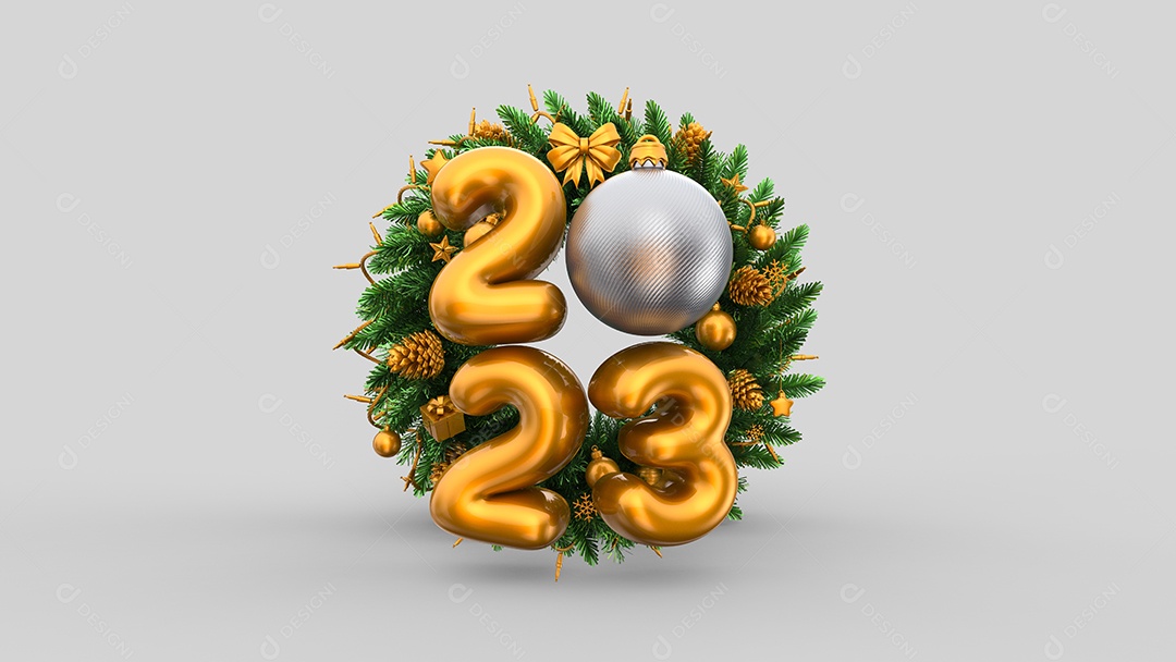 Feliz Ano Novo 2023 com decorações de fontes douradas sobre fundo isolado branco