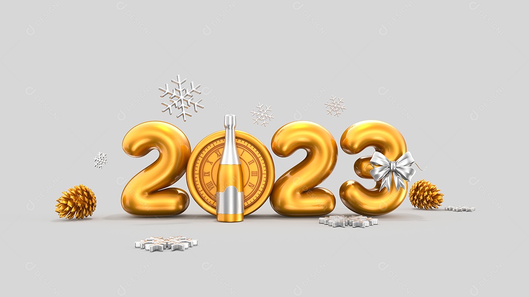 Feliz Ano Novo 2023 com ilustrações de fontes douradas com confetes dourados