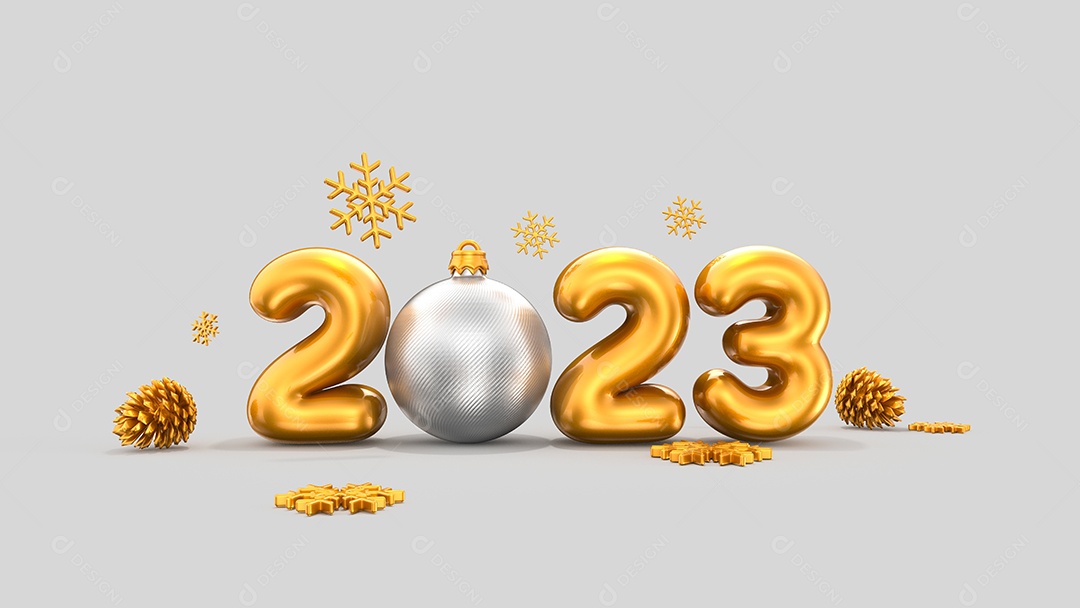 Feliz Ano Novo 2023 com ilustrações de fontes douradas com confetes dourados