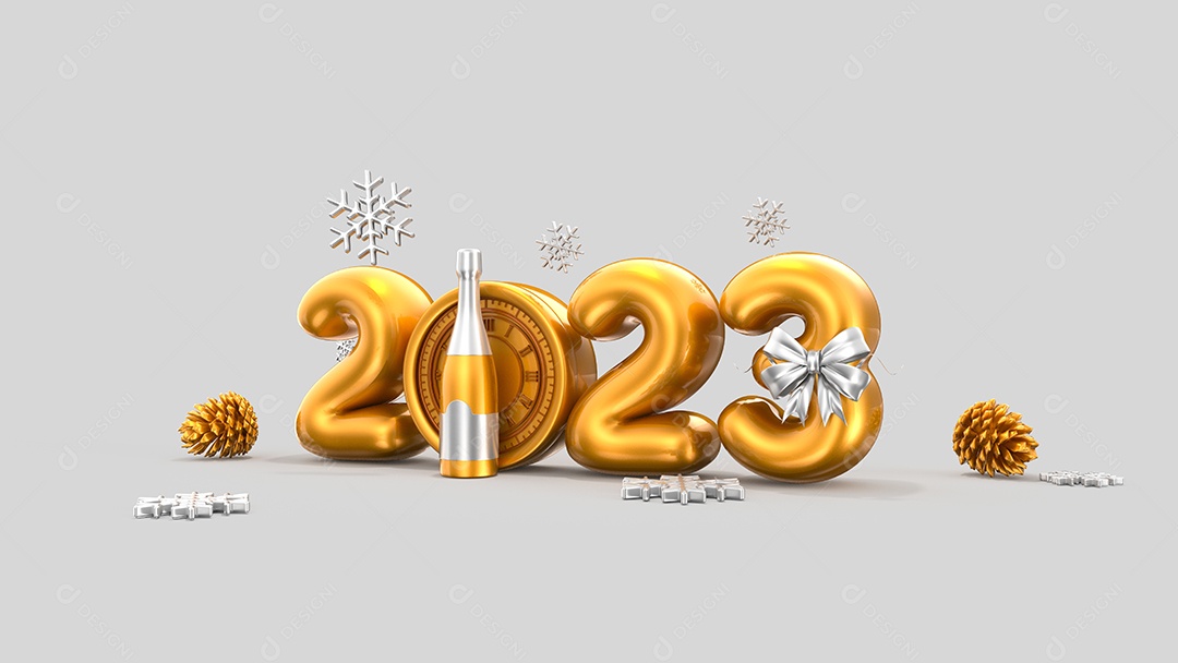 Feliz Ano Novo 2023 com ilustrações de fontes douradas com confetes enfeites dourados