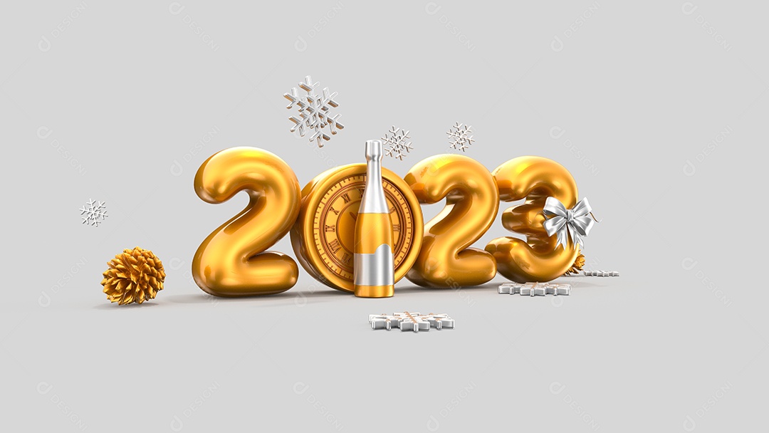 Feliz Ano Novo 2023 com ilustrações de fontes douradas com confetes dourados