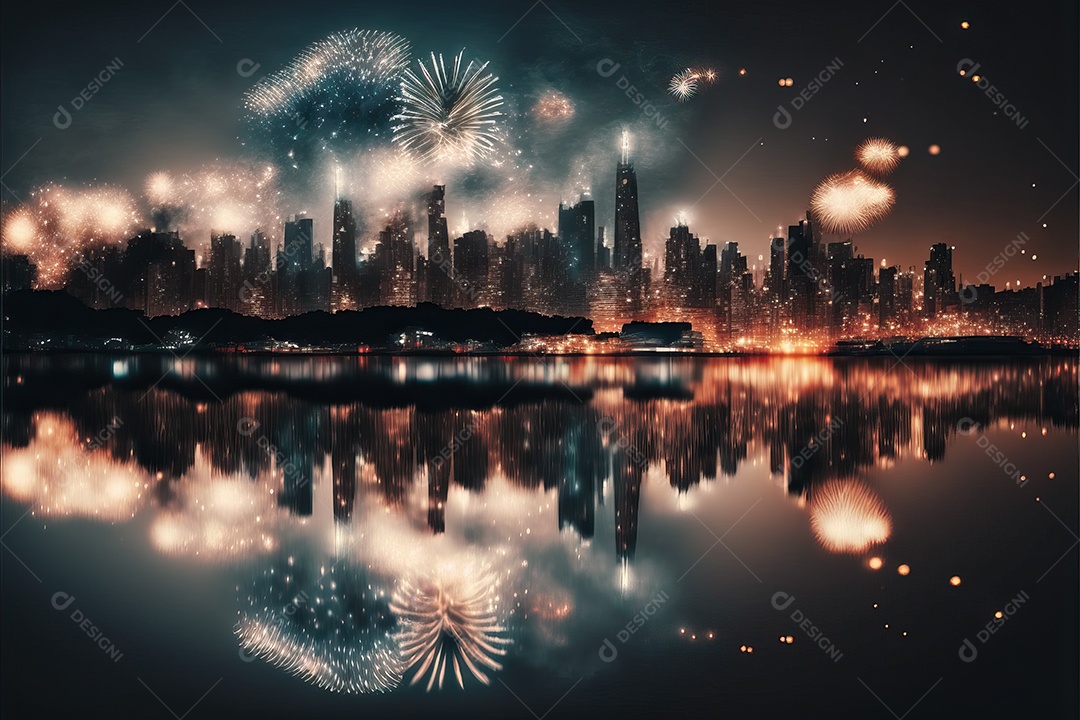 Festa de Réveillon com fogos de artifício explodindo sobre o horizonte da cidade com reflexos na água e festival de 4 de julho.