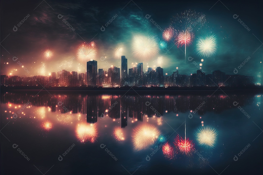 Festa de Réveillon com fogos de artifício explodindo sobre o horizonte da cidade com reflexos na água e festival de 4 de julho.