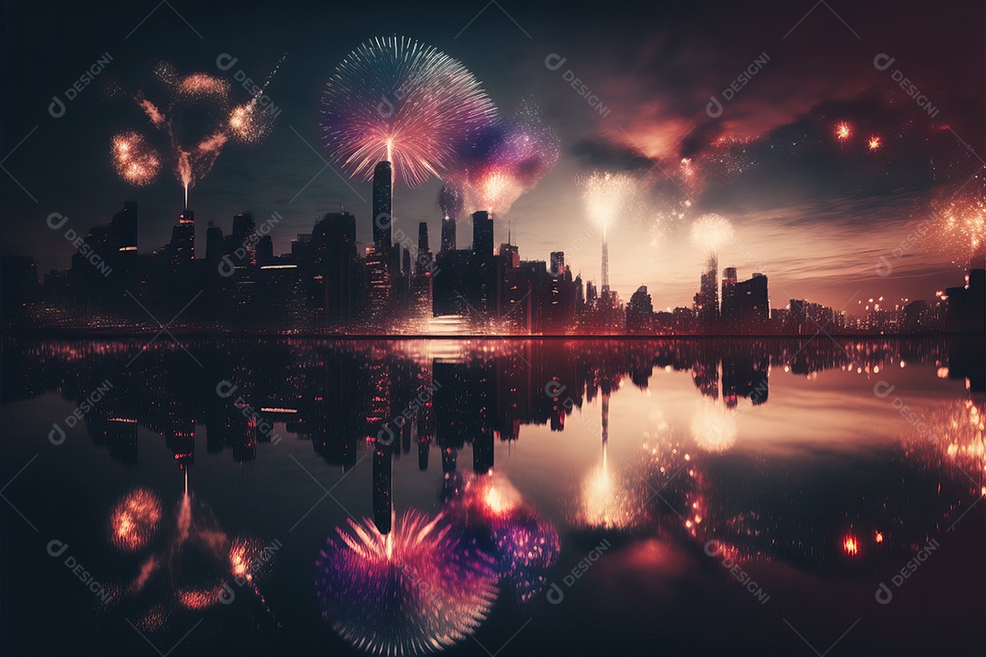 Festa de Réveillon com fogos de artifício explodindo sobre o horizonte da cidade com reflexos na água e festival de 4 de julho.
