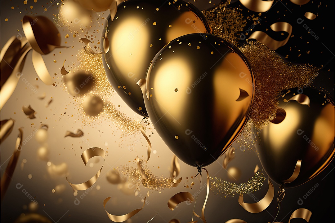 Balões de festa de folha de ouro sobre fundo de confete dourado e serpentina brilhante para painel festivo de ano novo.