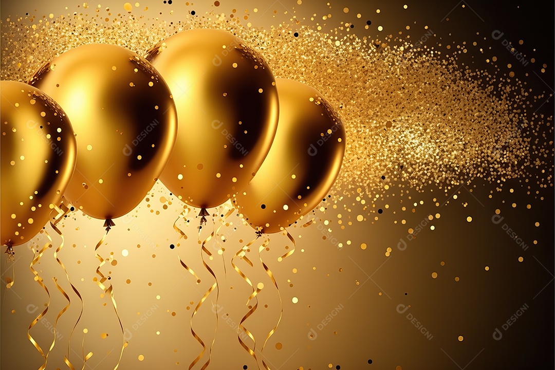 Balões de festa de folha de ouro sobre fundo de confete dourado e serpentina brilhante para painel festivo de ano novo.