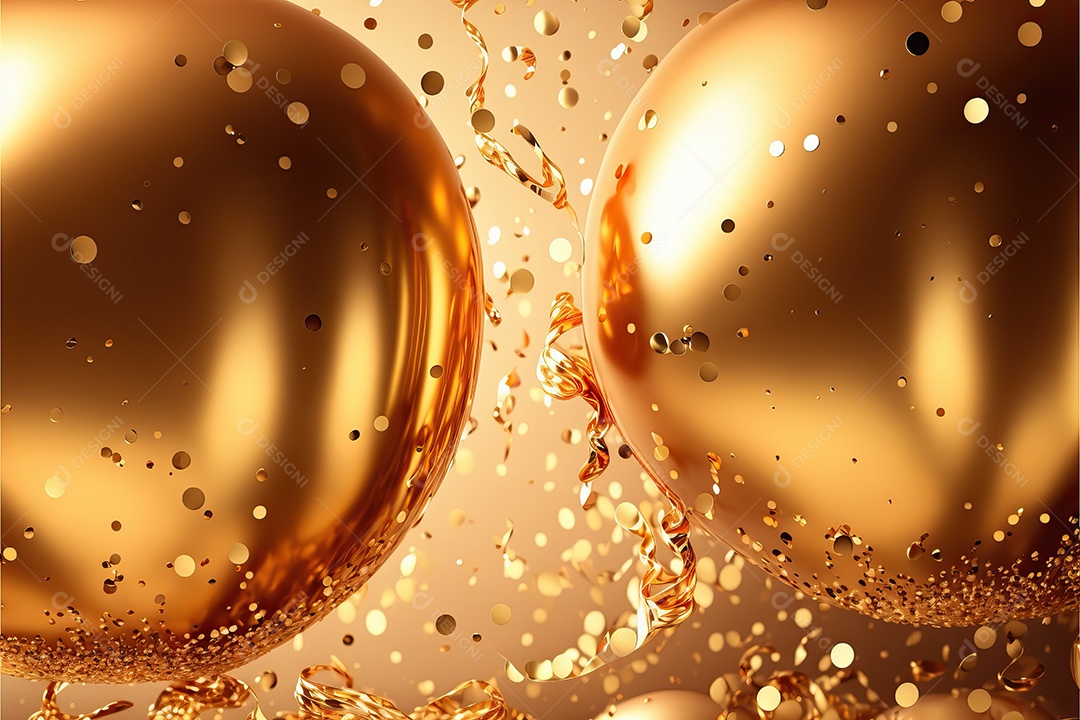 Balões de festa de folha de ouro sobre fundo de confete dourado e serpentina brilhante para painel festivo de ano novo.