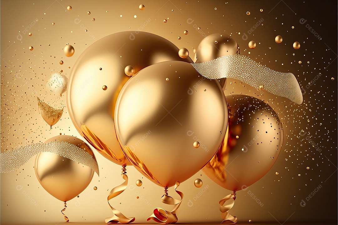 Balões de festa de folha de ouro sobre fundo de confete dourado e serpentina brilhante para painel festivo de ano novo.