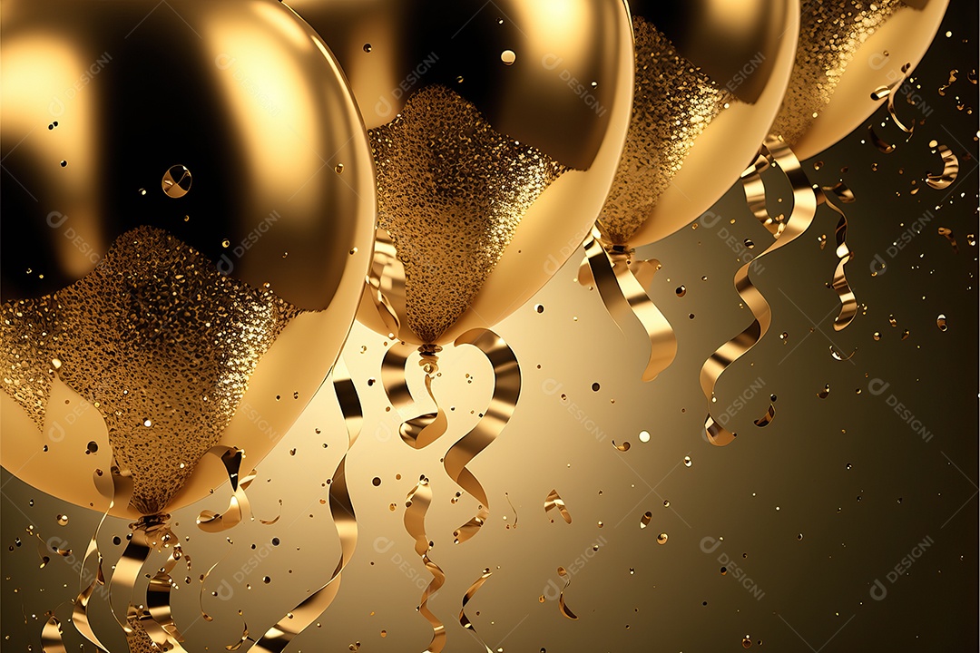 Balões de festa de folha de ouro sobre fundo de confete dourado e serpentina brilhante para painel festivo de ano novo.