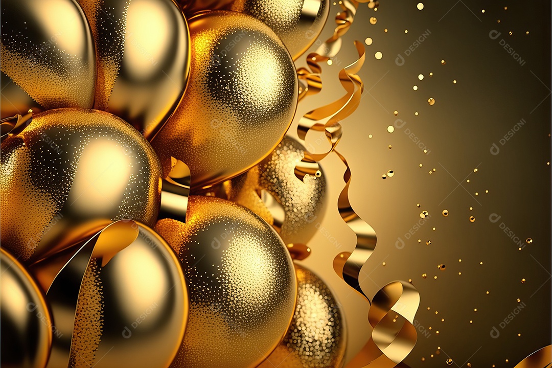 Balões de festa de folha de ouro sobre fundo de confete dourado e serpentina brilhante para painel festivo de ano novo.