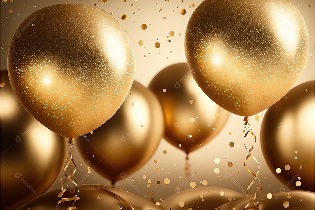 Balões de festa de folha de ouro sobre fundo de confete dourado e serpentina brilhante para painel festivo de ano novo.