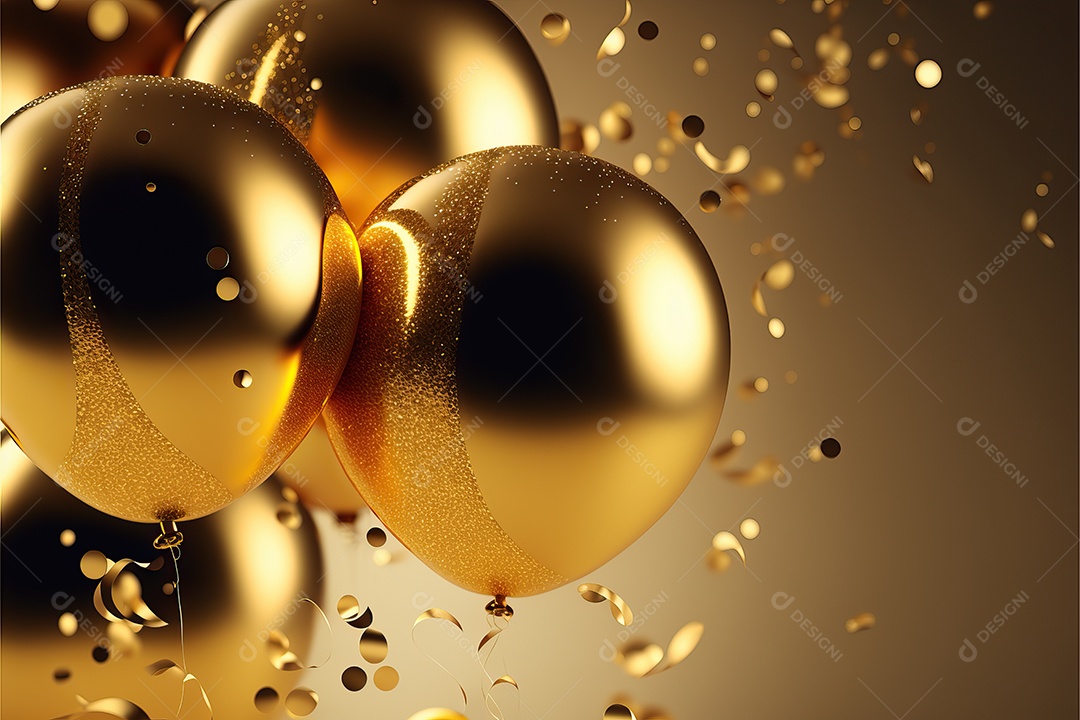 Balões de festa de folha de ouro sobre fundo de confete dourado e serpentina brilhante para painel festivo de ano novo.