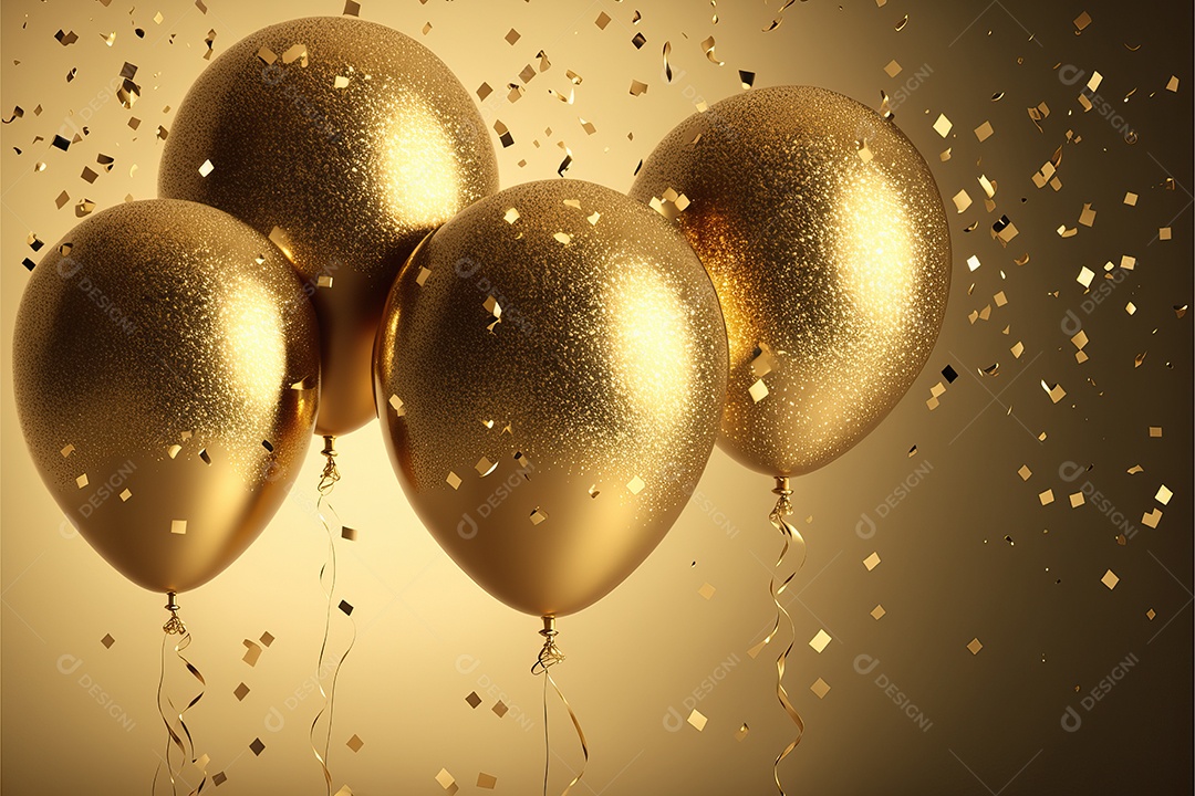 Balões de festa de folha de ouro sobre fundo de confete dourado e serpentina brilhante para painel festivo de ano novo.