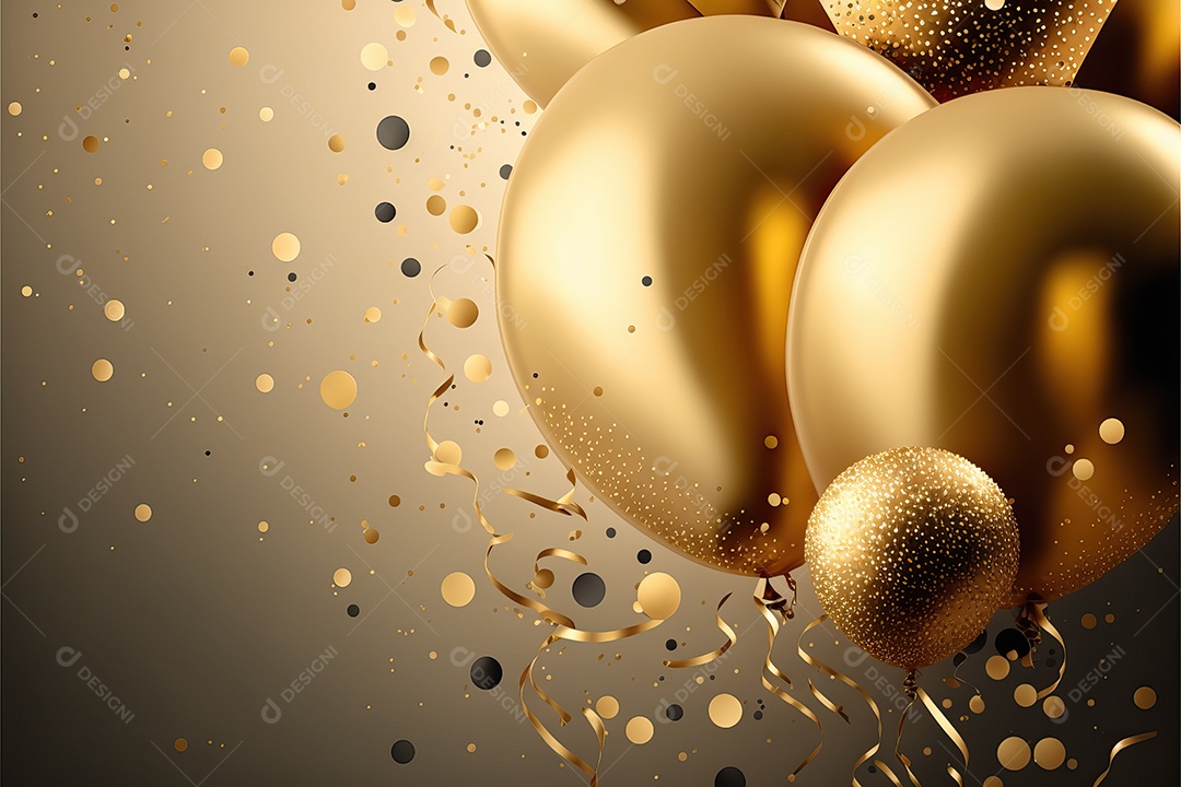 Balões de festa de folha de ouro sobre fundo de confete dourado e serpentina brilhante para painel festivo de ano novo.