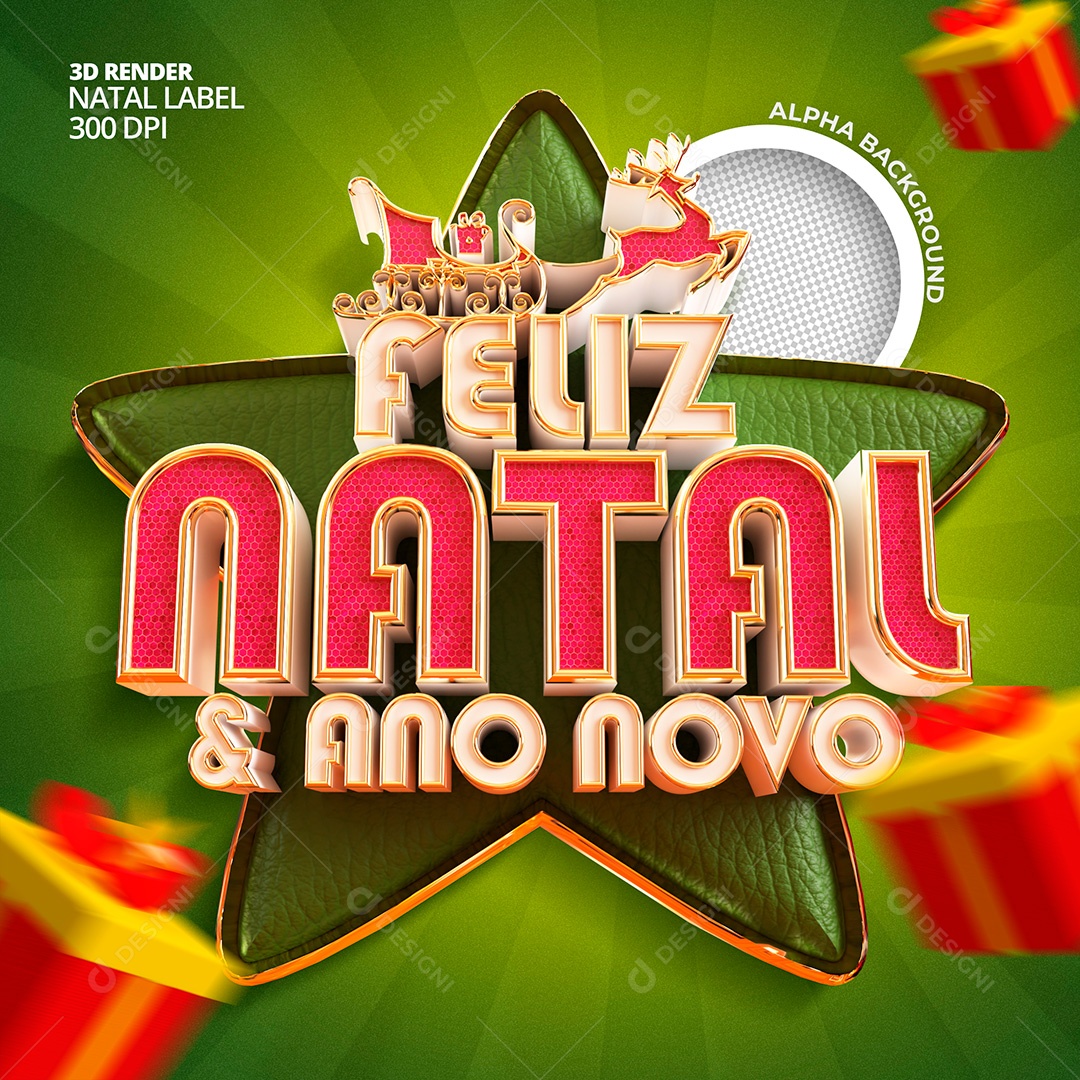 Selo 3D Feliz Natal e Feliz Ano Novo PSD Para Composição