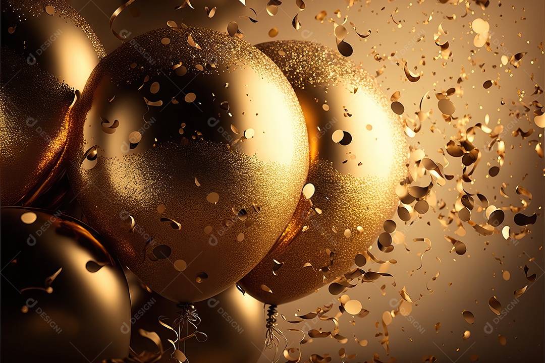 Balões de festa de folha de ouro sobre fundo de confete dourado e serpentina brilhante para painel festivo de ano novo.