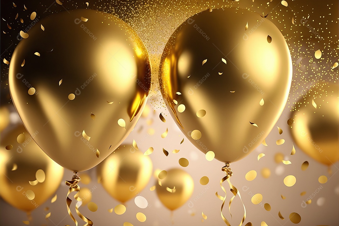 Balões de festa de folha de ouro sobre fundo de confete dourado e serpentina brilhante para painel festivo de ano novo.