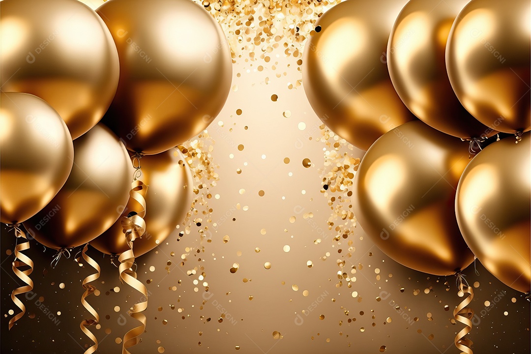 Balões de festa de folha de ouro sobre fundo de confete dourado e serpentina brilhante para painel festivo de ano novo.