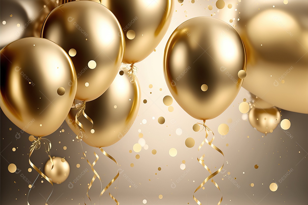 Balões de festa de folha de ouro sobre fundo de confete dourado e serpentina brilhante para painel festivo de ano novo.