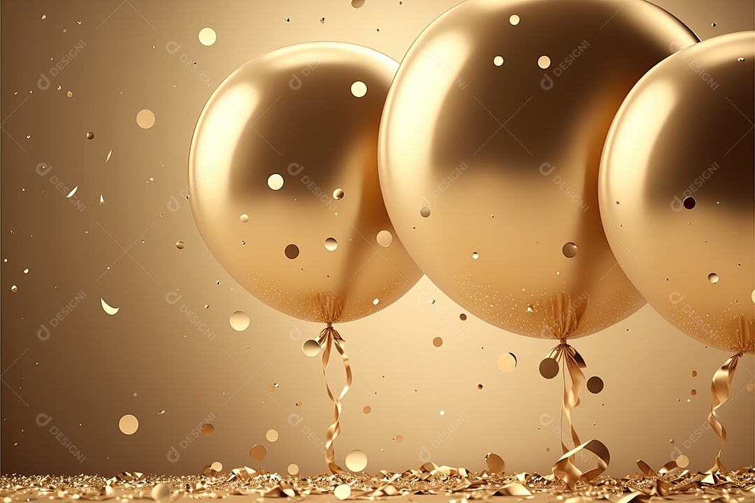 Balões de festa de folha de ouro sobre fundo de confete dourado e serpentina brilhante para painel festivo de ano novo.