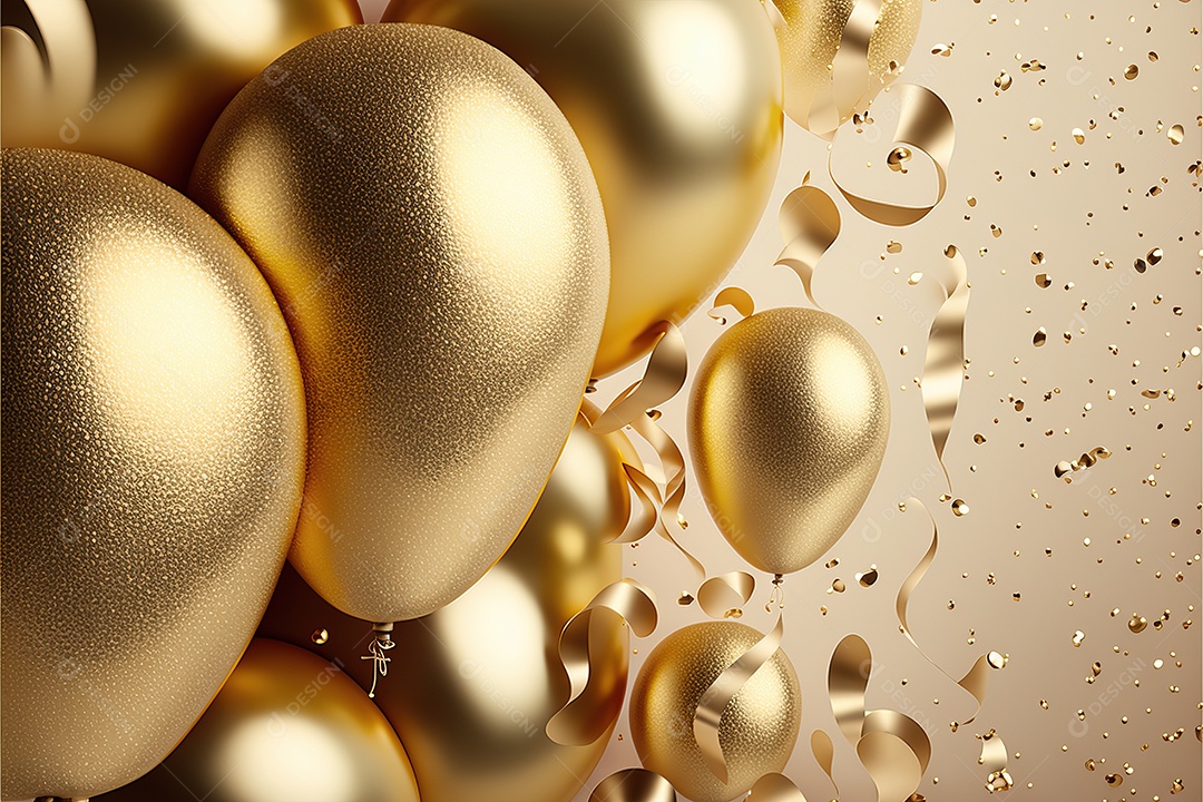 Balões de festa de folha de ouro sobre fundo de confete dourado e serpentina brilhante para painel festivo de ano novo.