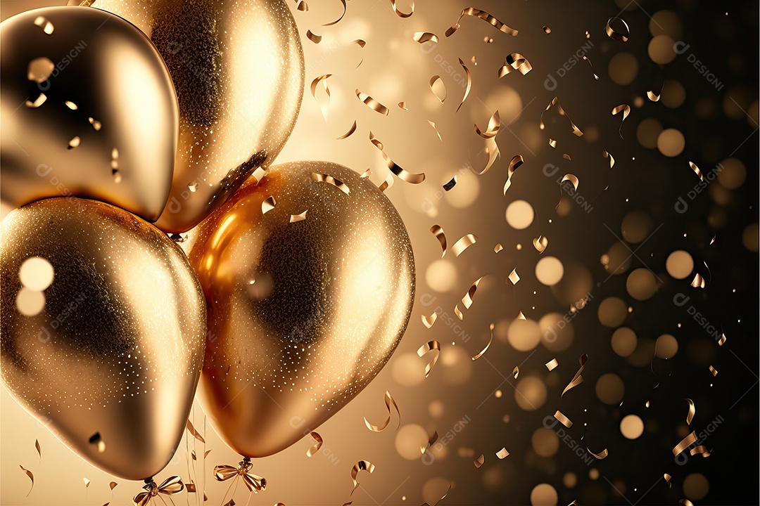 Balões de festa de folha de ouro sobre fundo de confete dourado e serpentina brilhante para painel festivo de ano novo.