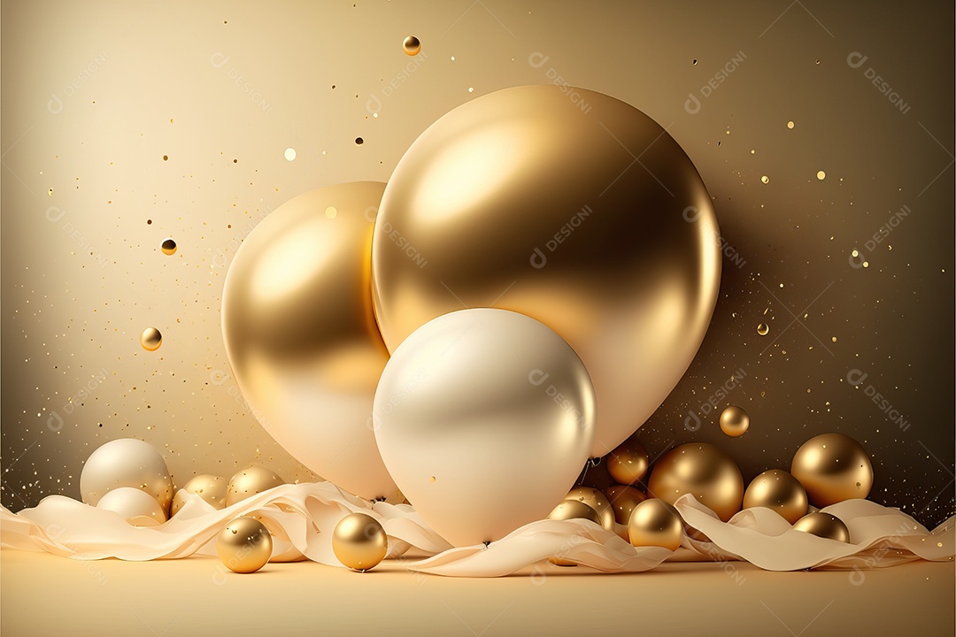 Balões de festa de folha de ouro sobre fundo de confete dourado e serpentina brilhante para painel festivo de ano novo.