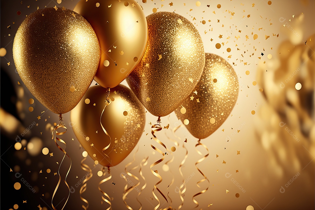 Balões de festa de folha de ouro sobre fundo de confete dourado e serpentina brilhante para painel festivo de ano novo.