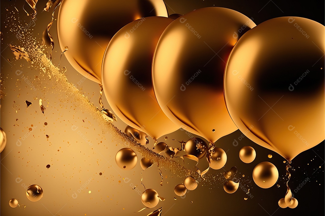 Balões de festa de folha de ouro sobre fundo de confete dourado e serpentina brilhante para painel festivo de ano novo.