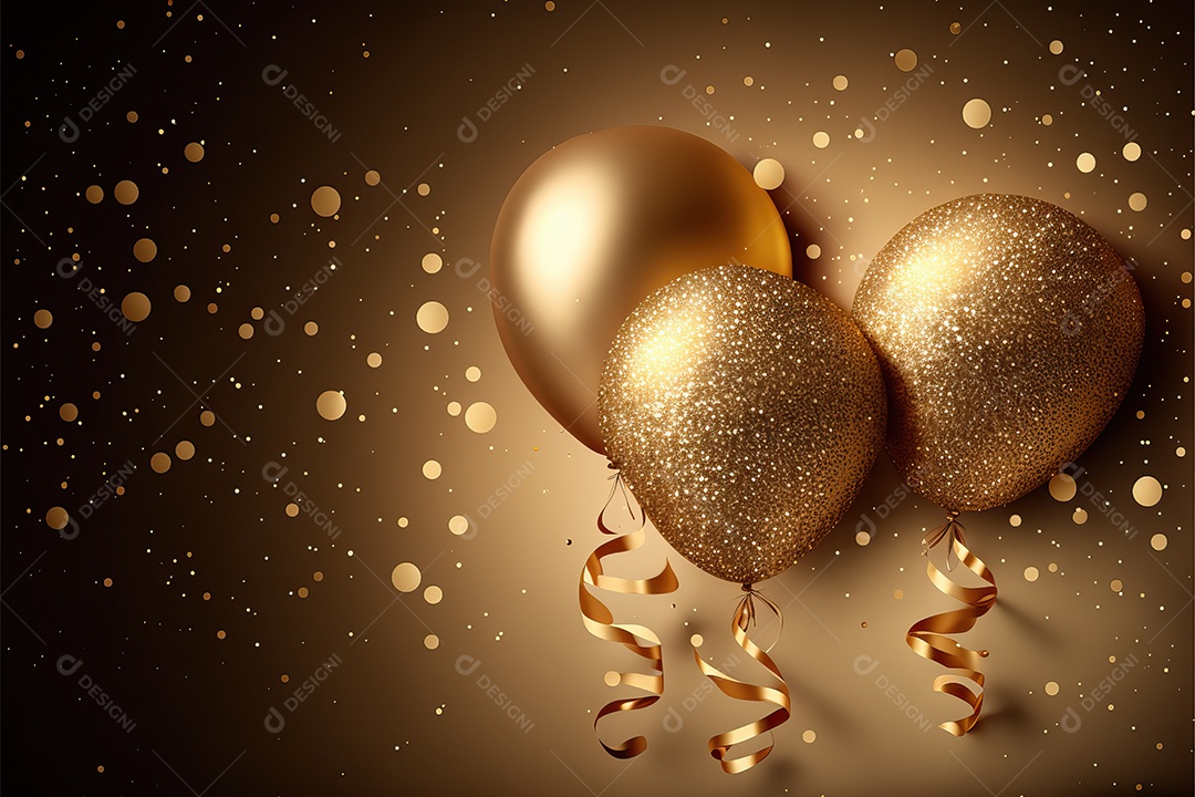 Balões de festa de folha de ouro sobre fundo de confete dourado e serpentina brilhante para painel festivo de ano novo.