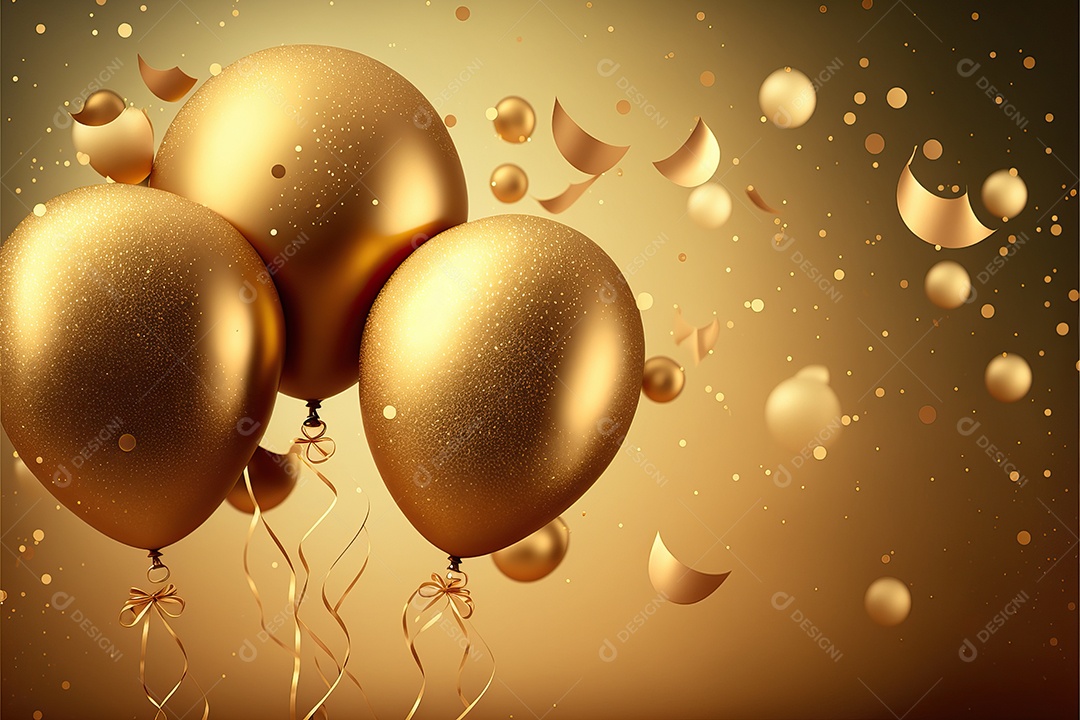 Balões de festa de folha de ouro sobre fundo de confete dourado e serpentina brilhante para painel festivo de ano novo.