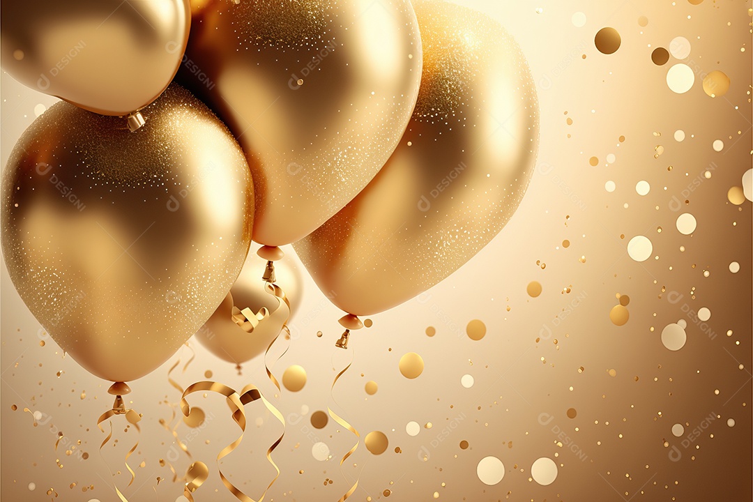 Balões de festa de folha de ouro sobre fundo de confete dourado e serpentina brilhante para painel festivo de ano novo.