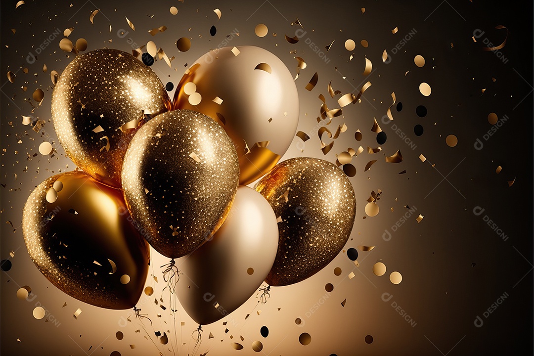 Balões de festa de folha de ouro sobre fundo de confete dourado e serpentina brilhante para painel festivo de ano novo.