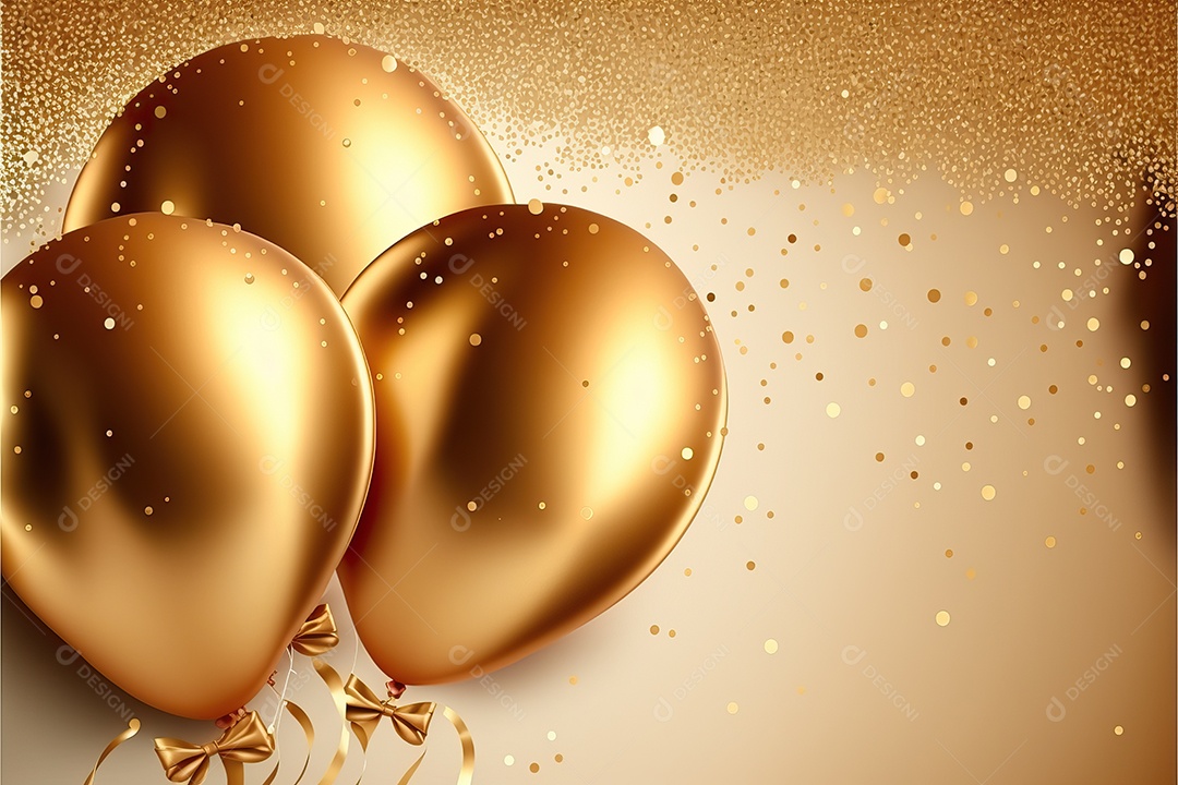 Balões de festa de folha de ouro sobre fundo de confete dourado e serpentina brilhante para painel festivo de ano novo.