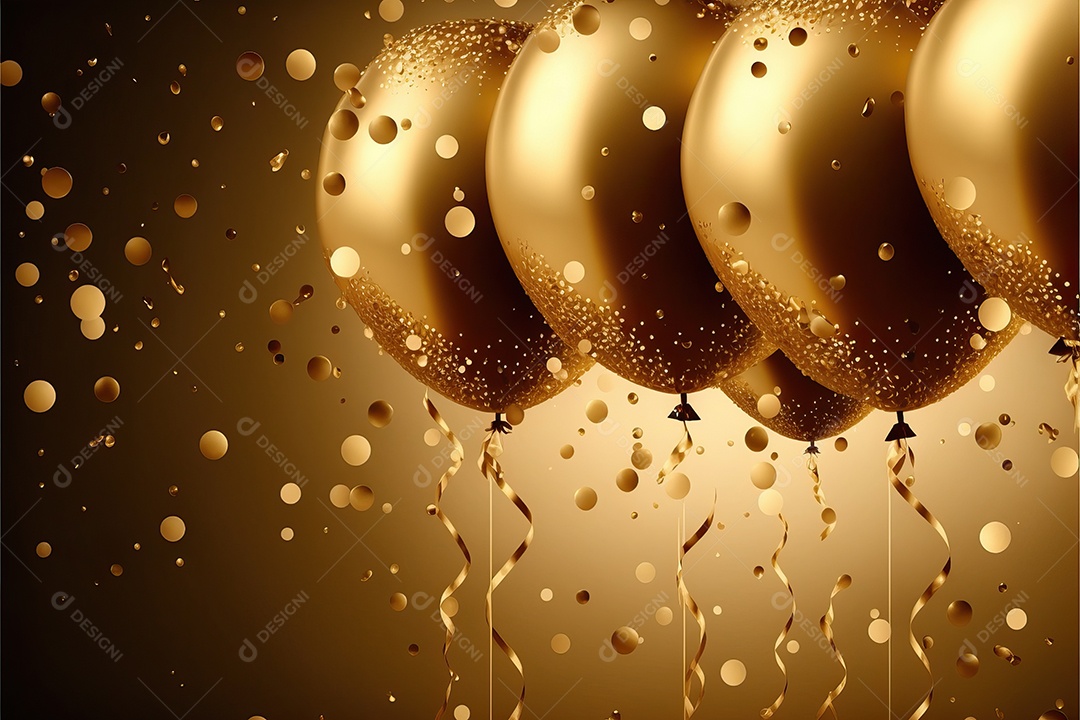 Balões de festa de folha de ouro sobre fundo de confete dourado e serpentina brilhante para painel festivo de ano novo.