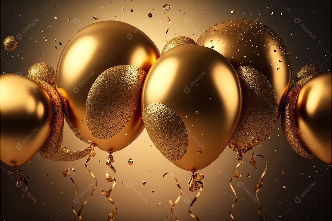 Balões de festa de folha de ouro sobre fundo de confete dourado e serpentina brilhante para painel festivo de ano novo.