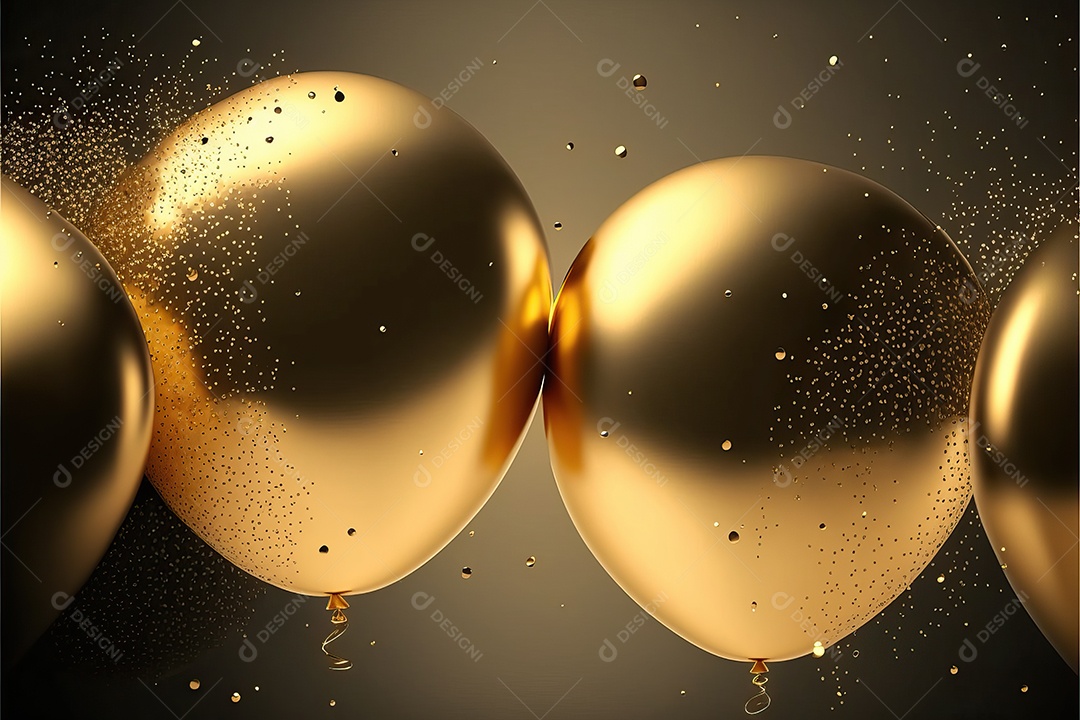 Balões de festa de folha de ouro sobre fundo de confete dourado e serpentina brilhante para painel festivo de ano novo.