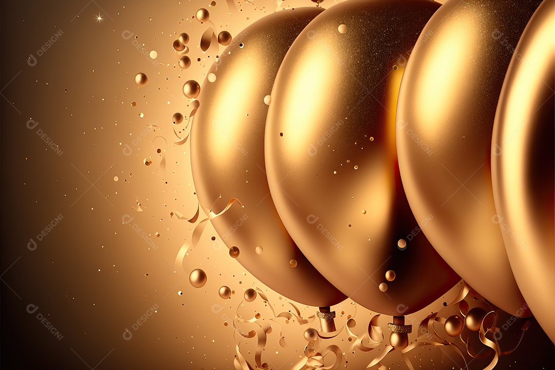 Balões de festa de folha de ouro sobre fundo de confete dourado e serpentina brilhante para painel festivo de ano novo.