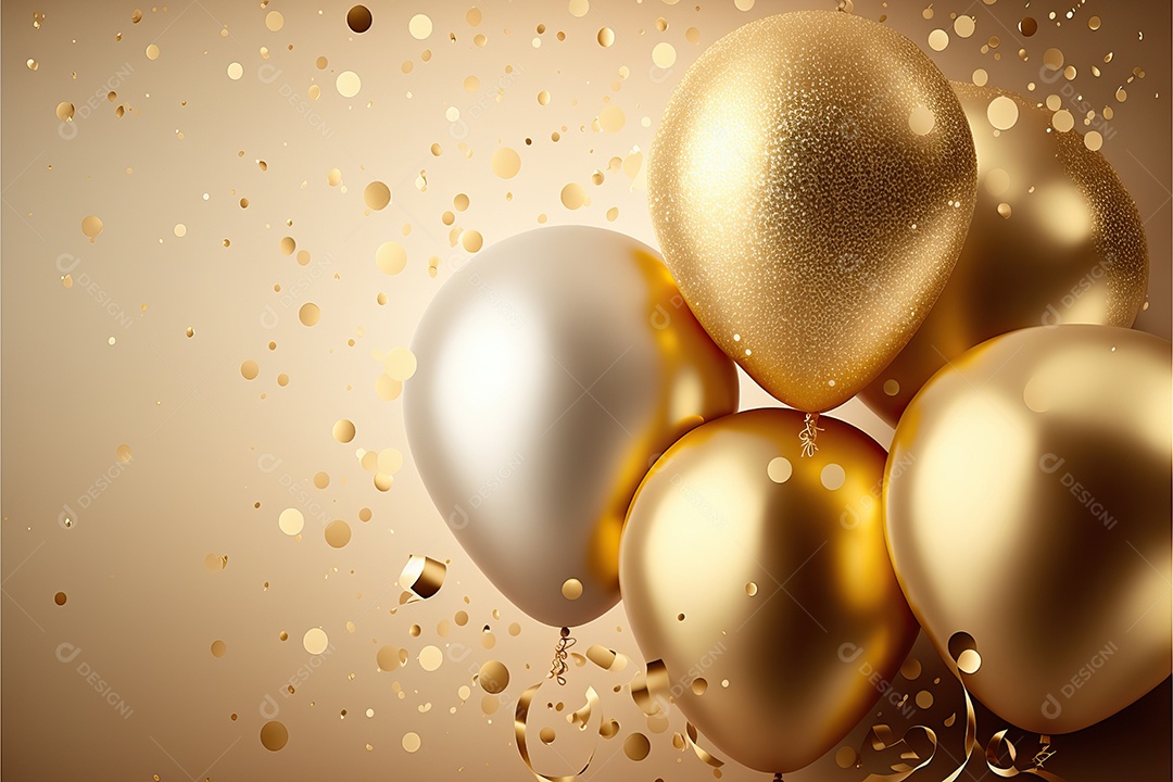 Balões de festa de folha de ouro sobre fundo de confete dourado e serpentina brilhante para painel festivo de ano novo.