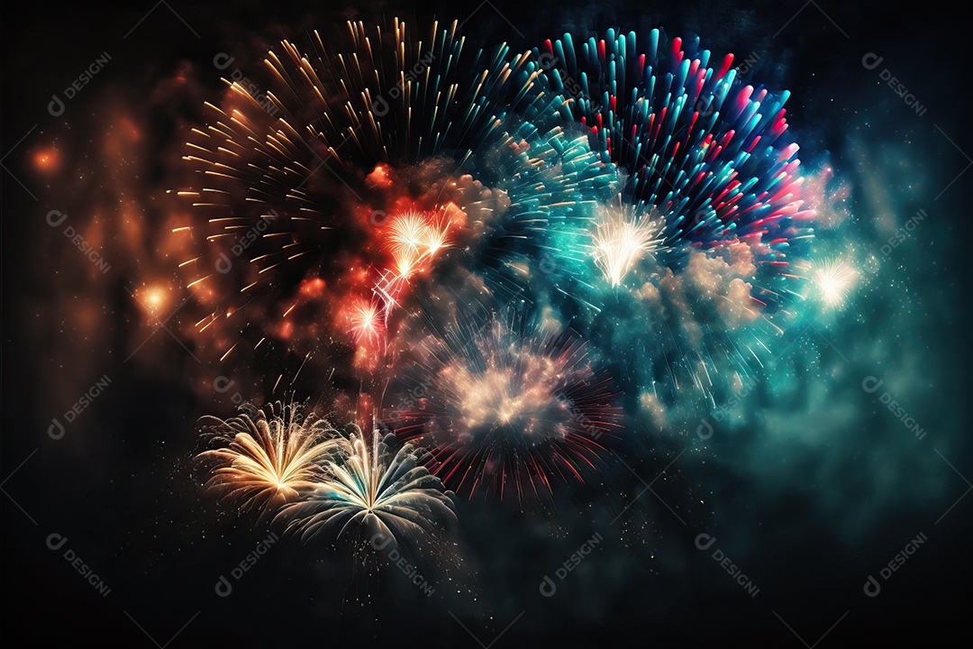 Festa de Réveillon com fogos de artifício explodindo sobre o horizonte da cidade com reflexos na água e festival de 4 de julho.