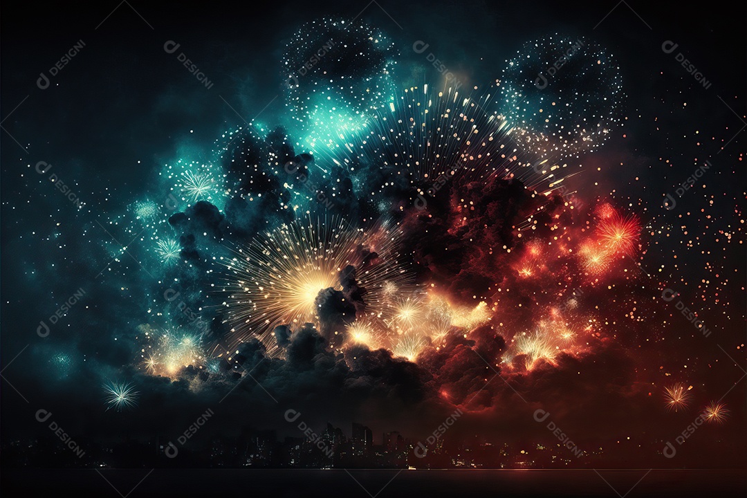 Festa de Réveillon com fogos de artifício explodindo sobre o horizonte da cidade com reflexos na água e festival de 4 de julho.