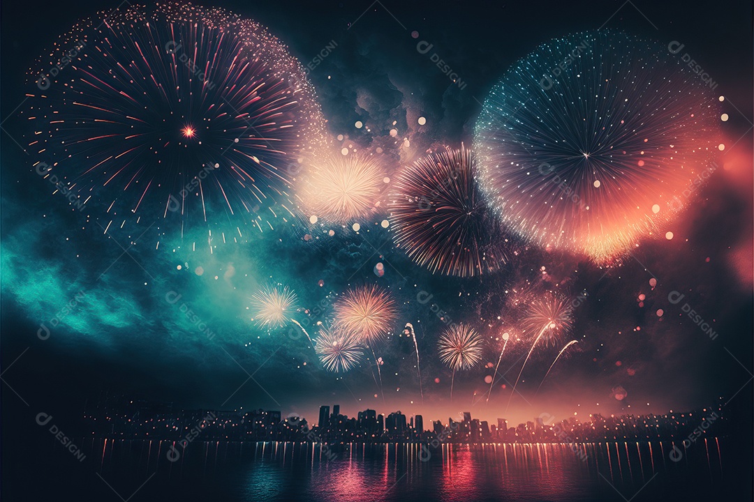 Festa de Réveillon com fogos de artifício explodindo sobre o horizonte da cidade com reflexos na água e festival de 4 de julho.