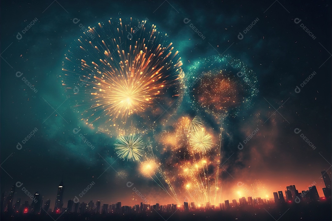 Festa de Réveillon com fogos de artifício explodindo sobre o horizonte da cidade com reflexos na água e festival de 4 de julho.