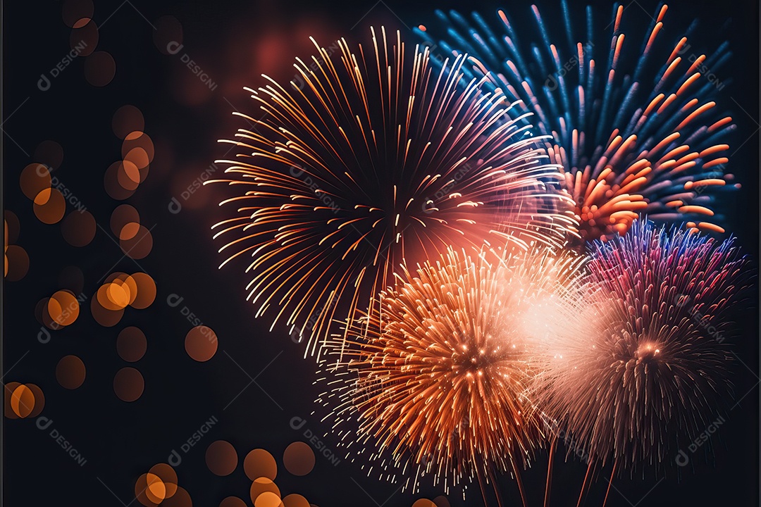 Festa de Réveillon com fogos de artifício explodindo sobre o horizonte da cidade com reflexos na água e festival de 4 de julho.