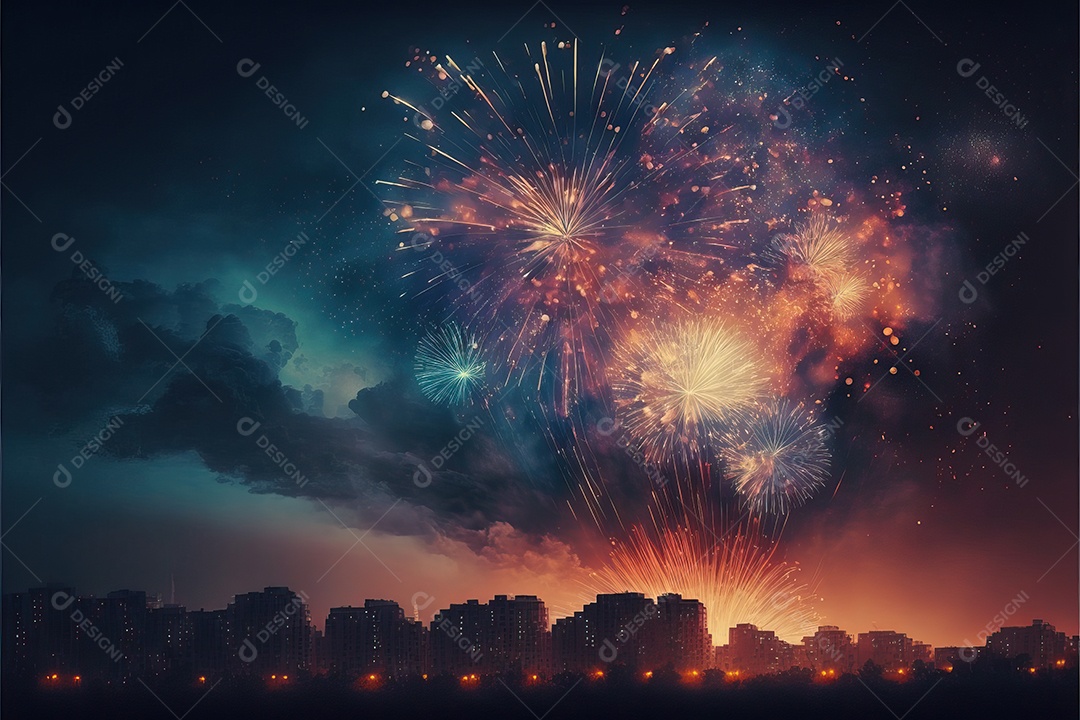 Festa de Réveillon com fogos de artifício explodindo sobre o horizonte da cidade com reflexos na água e festival de 4 de julho.