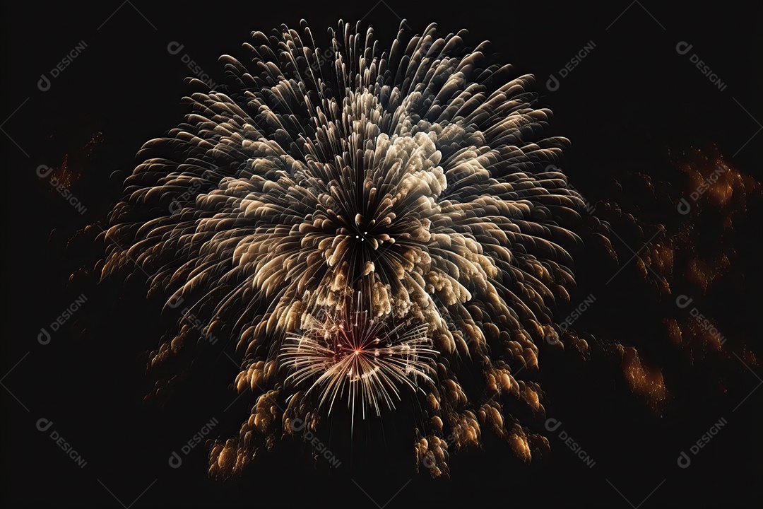 Festa de Réveillon com fogos de artifício explodindo sobre o horizonte da cidade com reflexos na água e festival de 4 de julho.