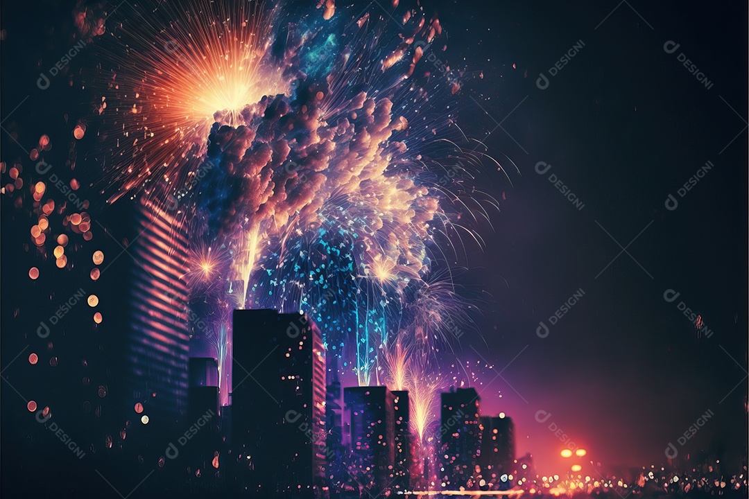 Festa de Réveillon com fogos de artifício explodindo sobre o horizonte da cidade com reflexos na água e festival de 4 de julho.